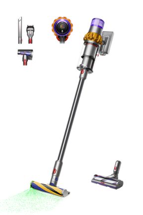 Three-quarter view of the Dyson V15 Detect vacuum and attachments.