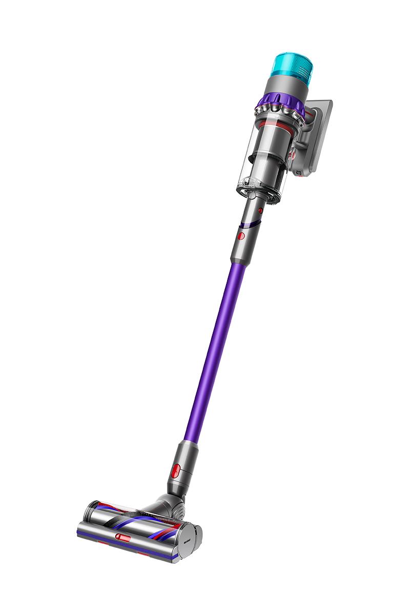 Three-quarter view of the Dyson Gen5detect vacuum cleaner and accessories. Three-quarter view of the Dyson Gen5detect vacuum cleaner and accessories.