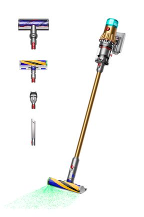 Vue de trois quarts de l’aspirateur Dyson V12 Detect Slim Absolute™ Extra et ses embouts.