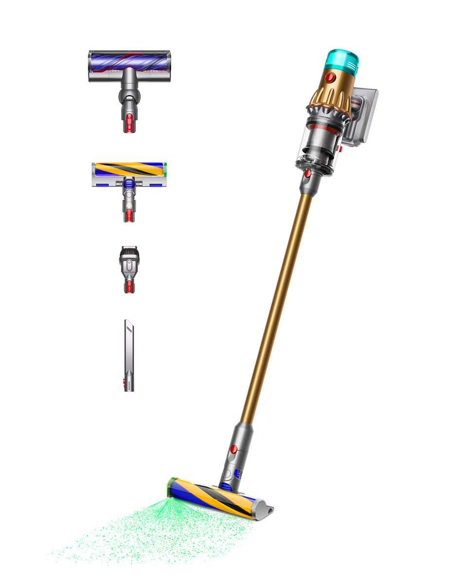 Drei Viertel Ansicht des Dyson V12 Detect Slim Absolute™ Extra Staubsaugers und der Aufsätze.