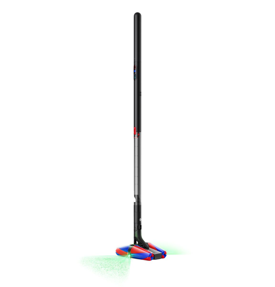Dyson PencilVac Fluffycones in Schwarz mit farbigen Bürstwalzen auf weißem Hintergrund