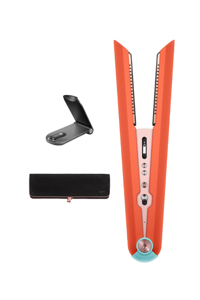 Two profile shots of Dyson Corrale straightener in Ceramic Pop, closed and open