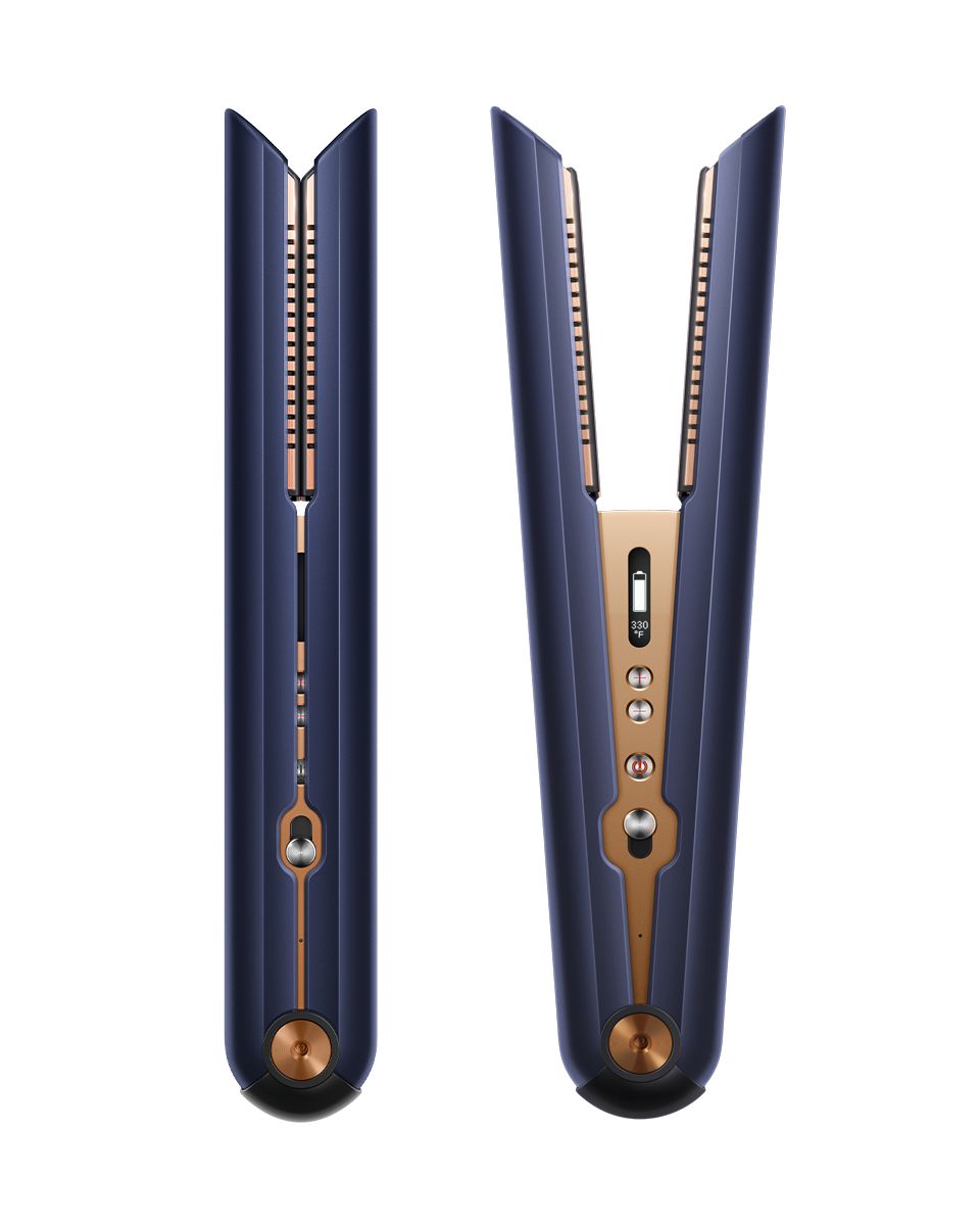 Fer plat Dyson Corrale Bleu de Prusse et Cuivre avec support et boîtier de présentation.