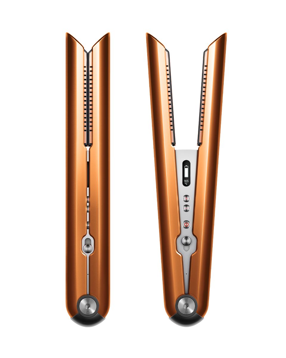 Dyson Corrale straightener in Bright copper and bright nickel with stand and presentation case.