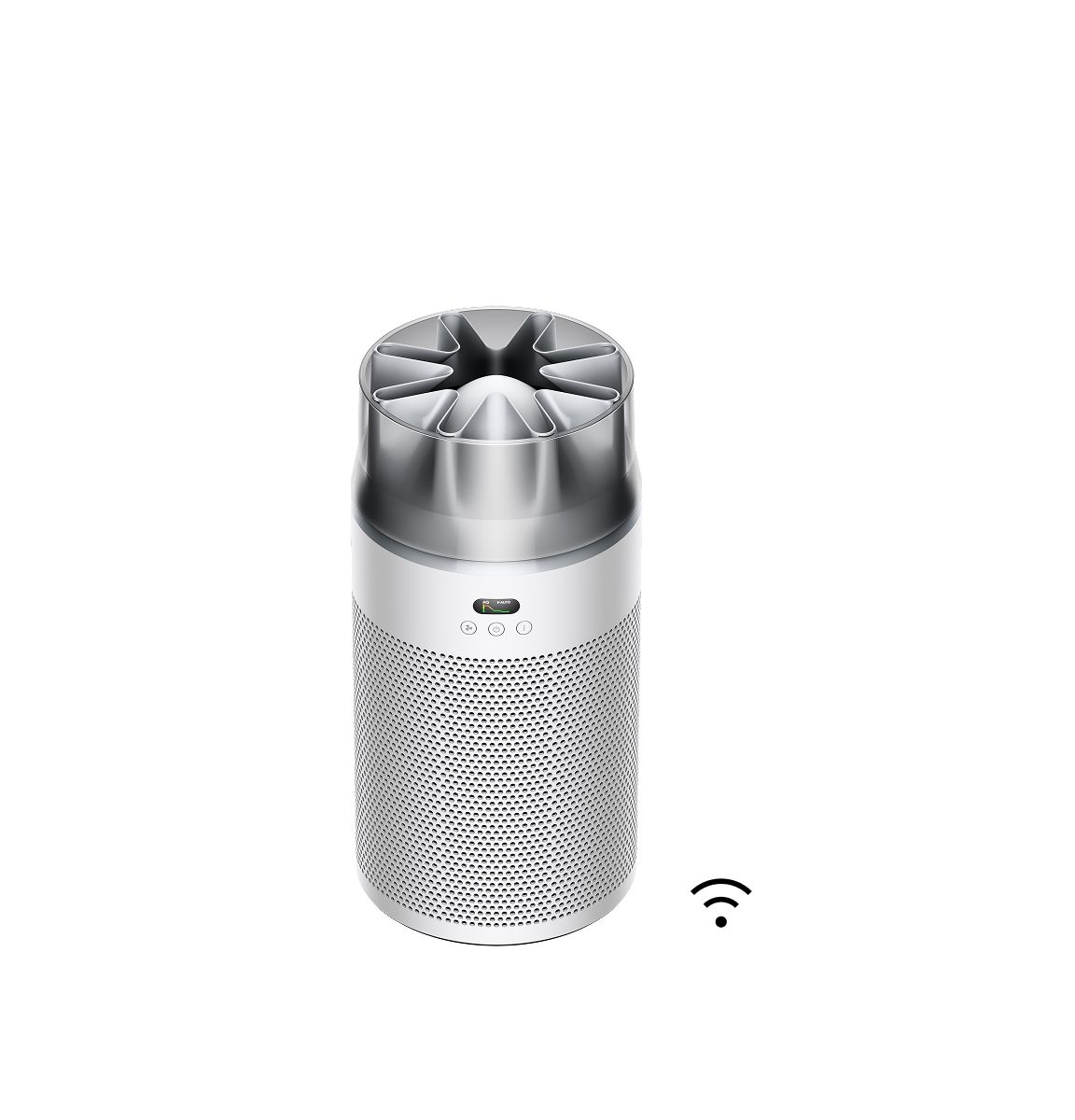 Dyson HushJet Purifier Compact HJ10 in Weiß und Silber auf weißem Hintergrund
