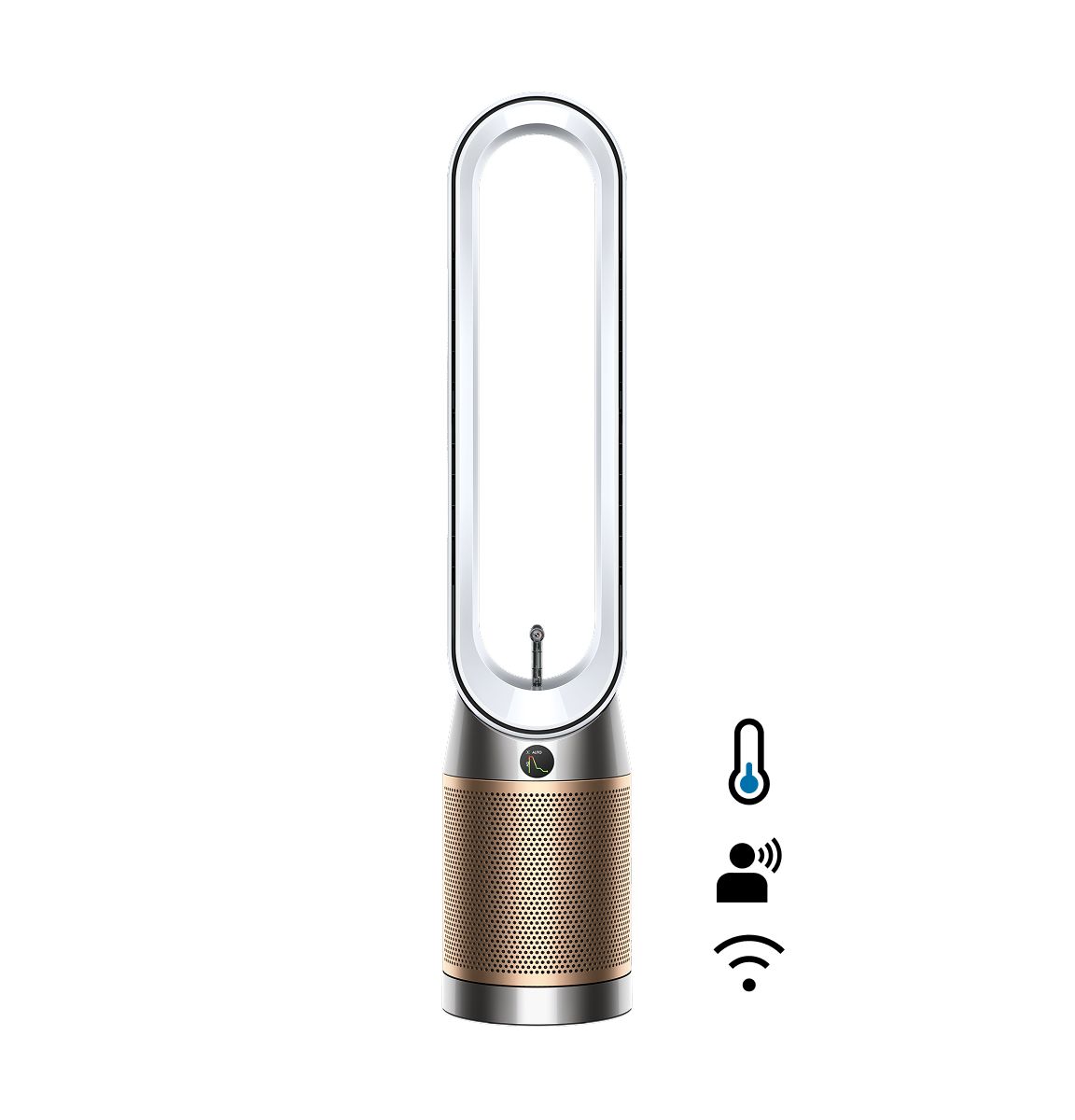 Dyson Find+Follow Purifier Cool PC3 in Weiß und Gold auf weißem Hintergrund