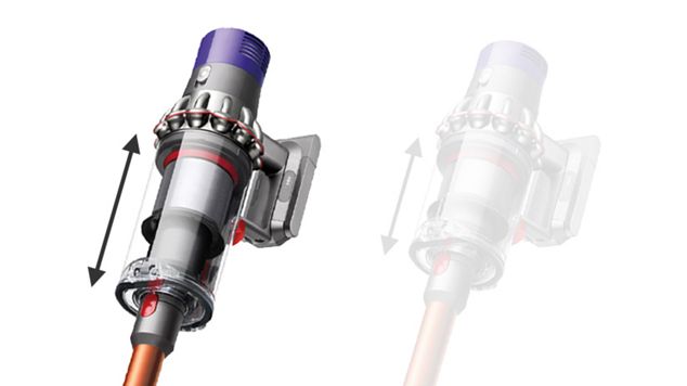 Image of two Dyson cyclones V10 vacuum cleaners next to each other indicating different bin size.