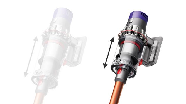 Image of two Dyson cyclones V10 vacuum cleaners next to each other indicating different bin size.