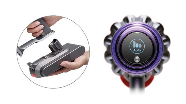 Close up of Dyson V11 cordless vacuum cleaner with click-in battery and LCD Screen