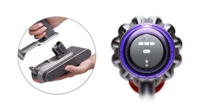 Close up of Dyson V11 cordless vacuum cleaner with click-in battery and LED Screen