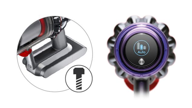 Close up of Dyson V11 cordless vacuum cleaner with screw-in battery and LCD Screen