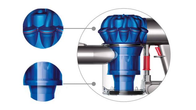 Nahaufnahme des Dyson V6 kabellosen Staubsaugers in Blau