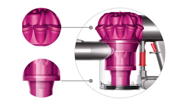 Nahaufnahme des Dyson V6 kabellosen Staubsaugers in Gelb und Anthrazit