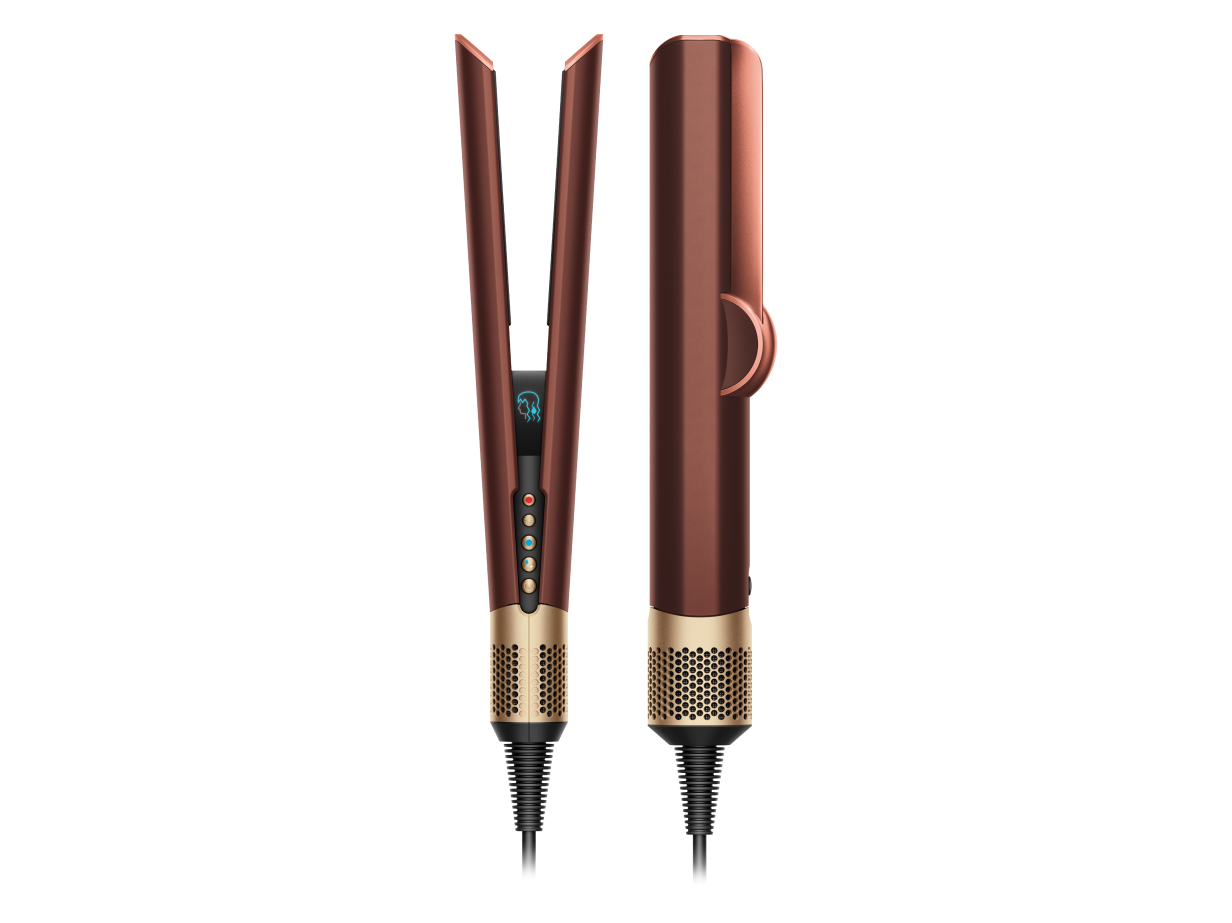 A front and side view of the Dyson Airstrait hair straighteners.