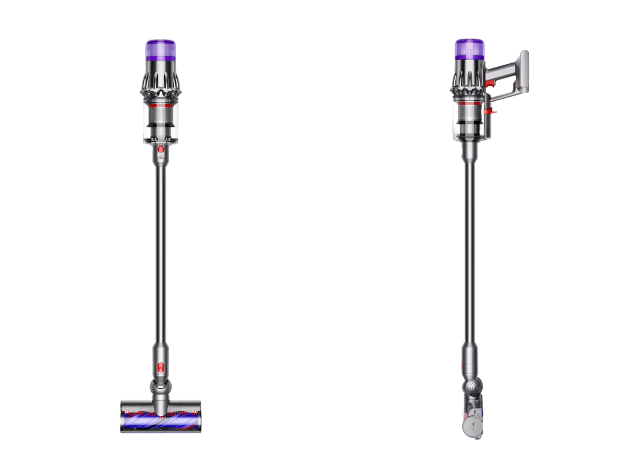 The Dyson V9 Motorbar vacuum front and side view.