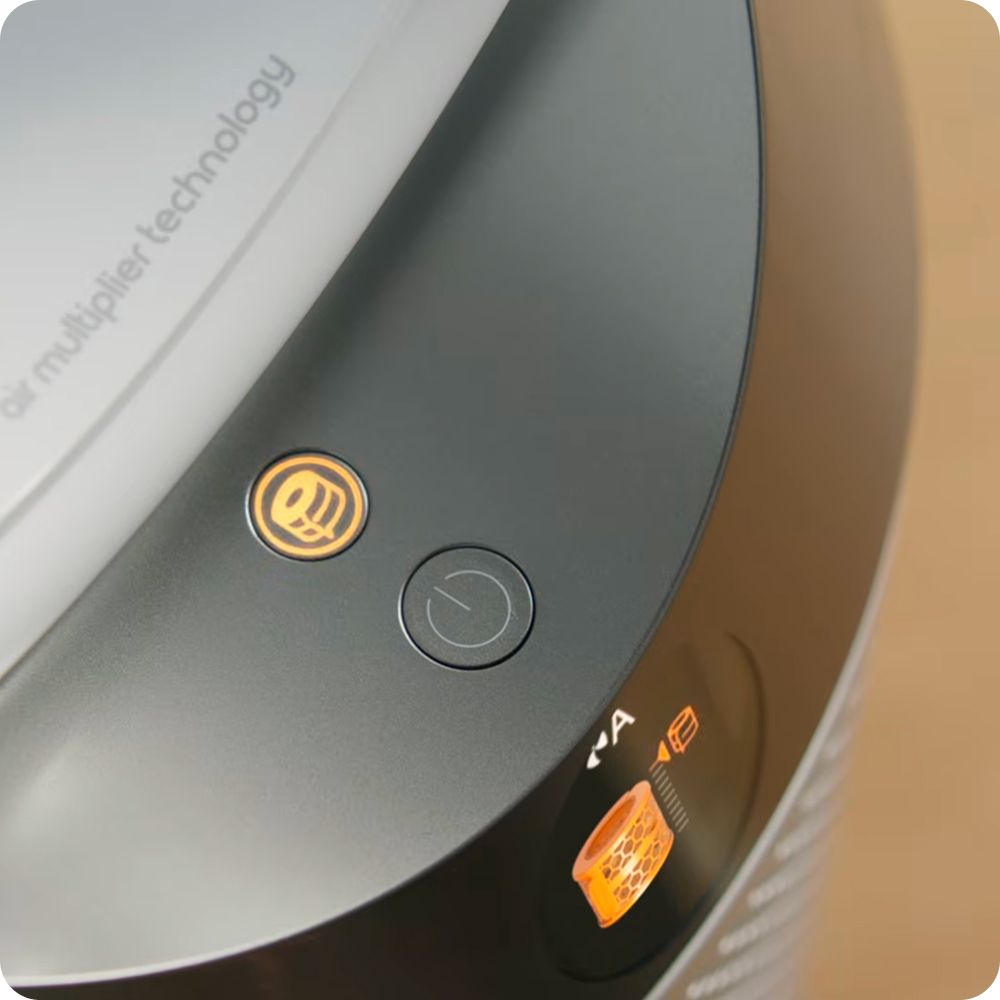 Power and control button on the Dyson Purifier Humidify+Cool purifying humidifier.