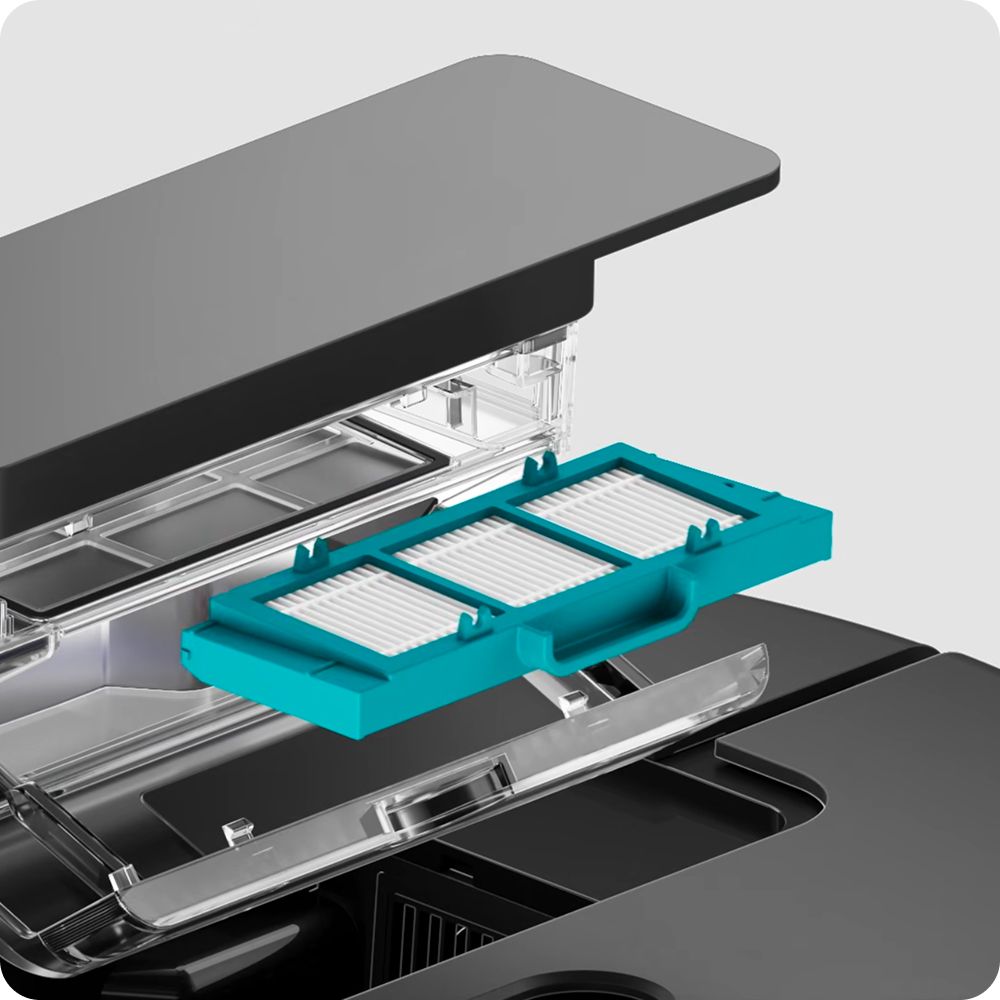 Exploded graphic showing the filters in the Spot+Scrub Ai robot vacuum.