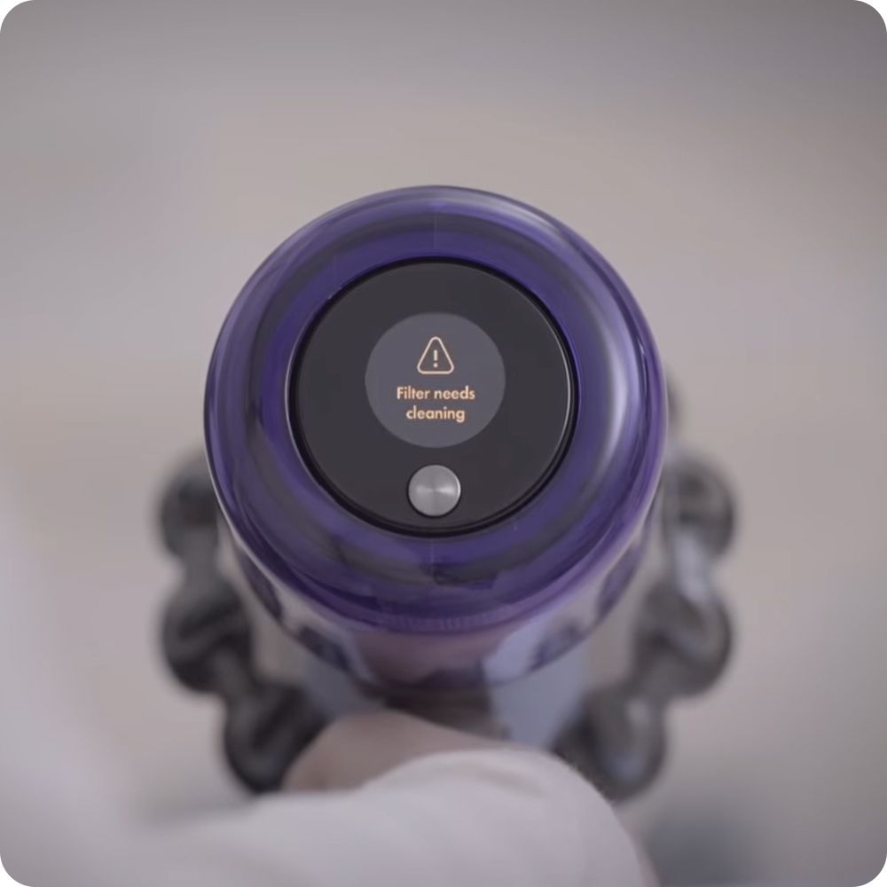 The LCD screen of a Dyson cordless vacuum cleaner.