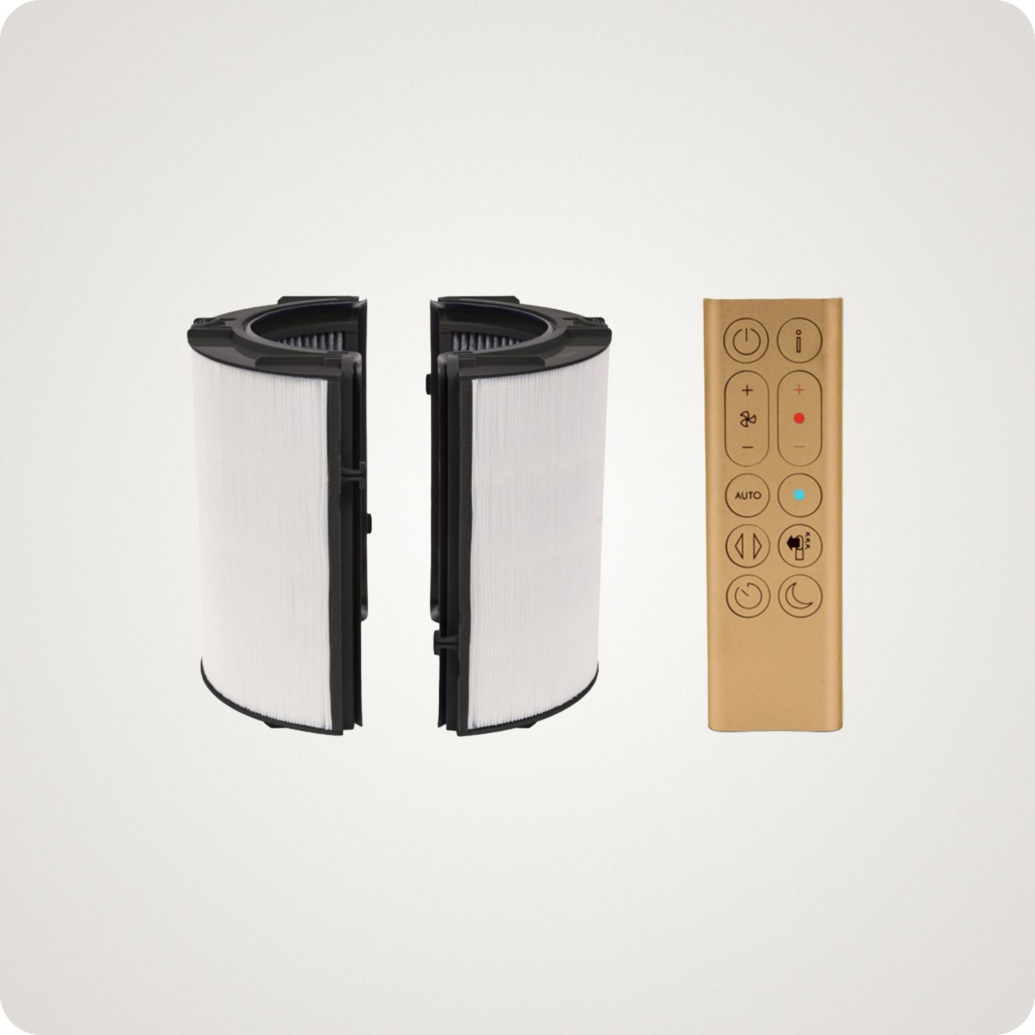 Replacement filter and remote control for a Dyson air purifier.