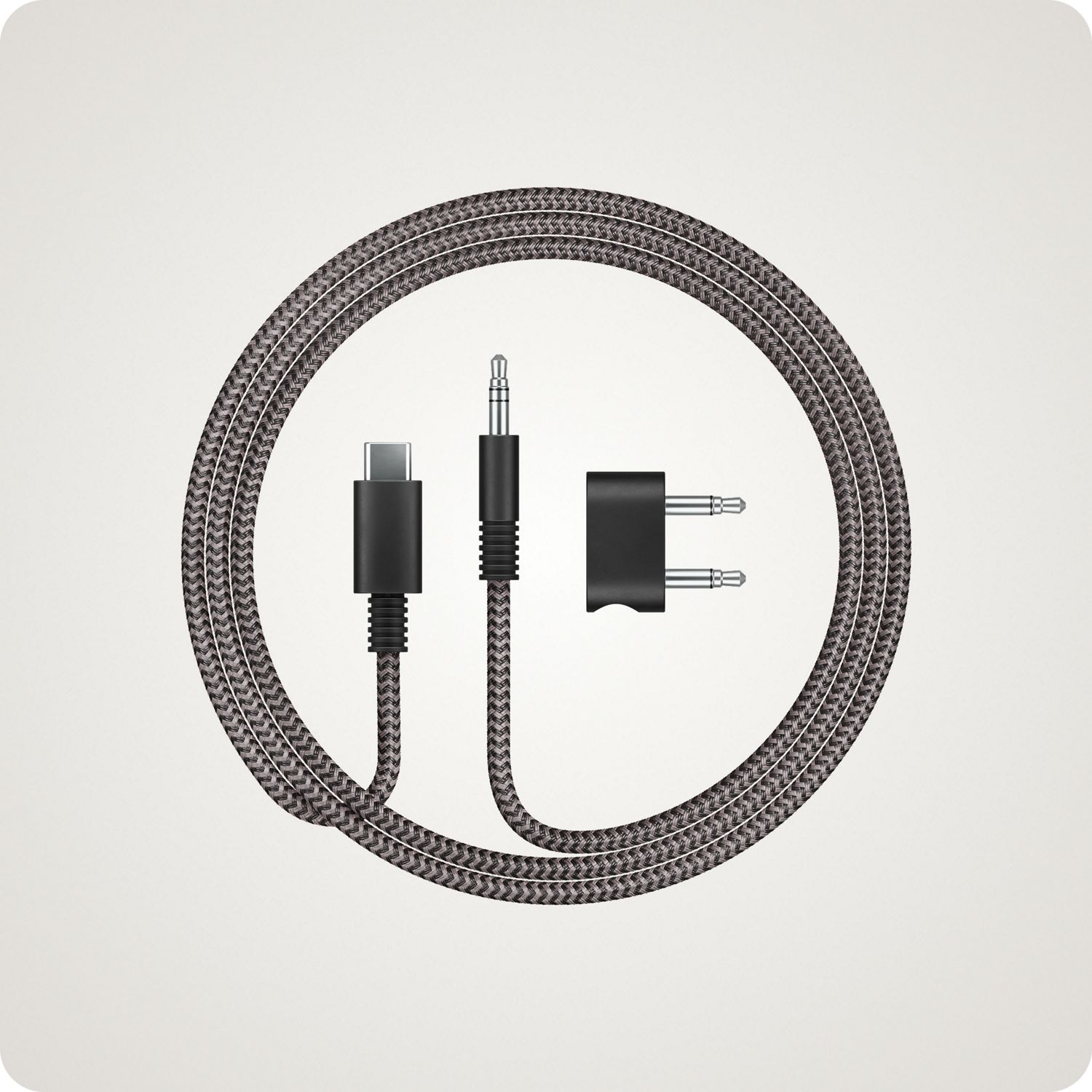 USB-C to 3.5mm cable with 2-pin airline attachment.