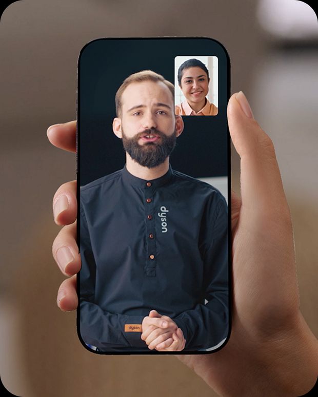A Dyson expert gives a 1-on-1 set up service via video chat.