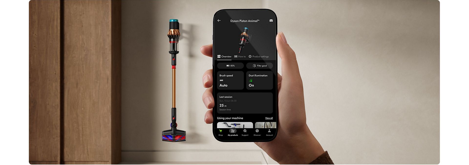 The MyDyson app showing a cordless vacuum cleaner.