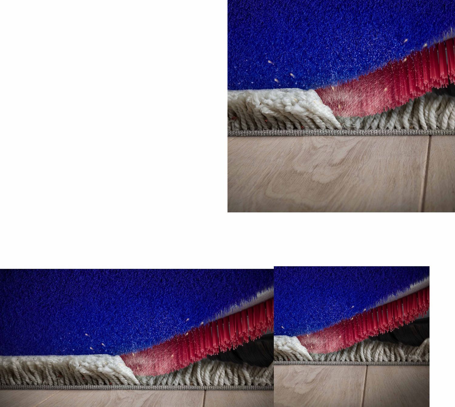 Close-up of Dyson 360 Vis Nav's stiff nylon bristles removing dust from a deep pile carpet