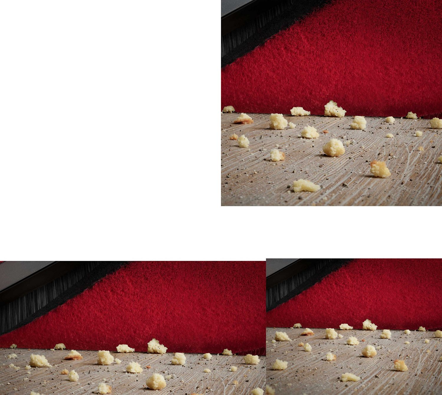 Close-up of Dyson 360 Vis Nav's stiff nylon bristles removing dust from a deep pile carpet