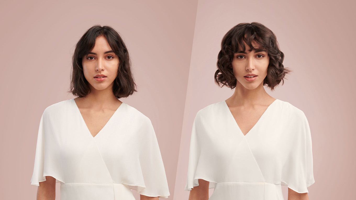 Two pictures of a model with short hair facing the camera. On one side she has a straight bob, on the other side she has a wavy pixie cut.