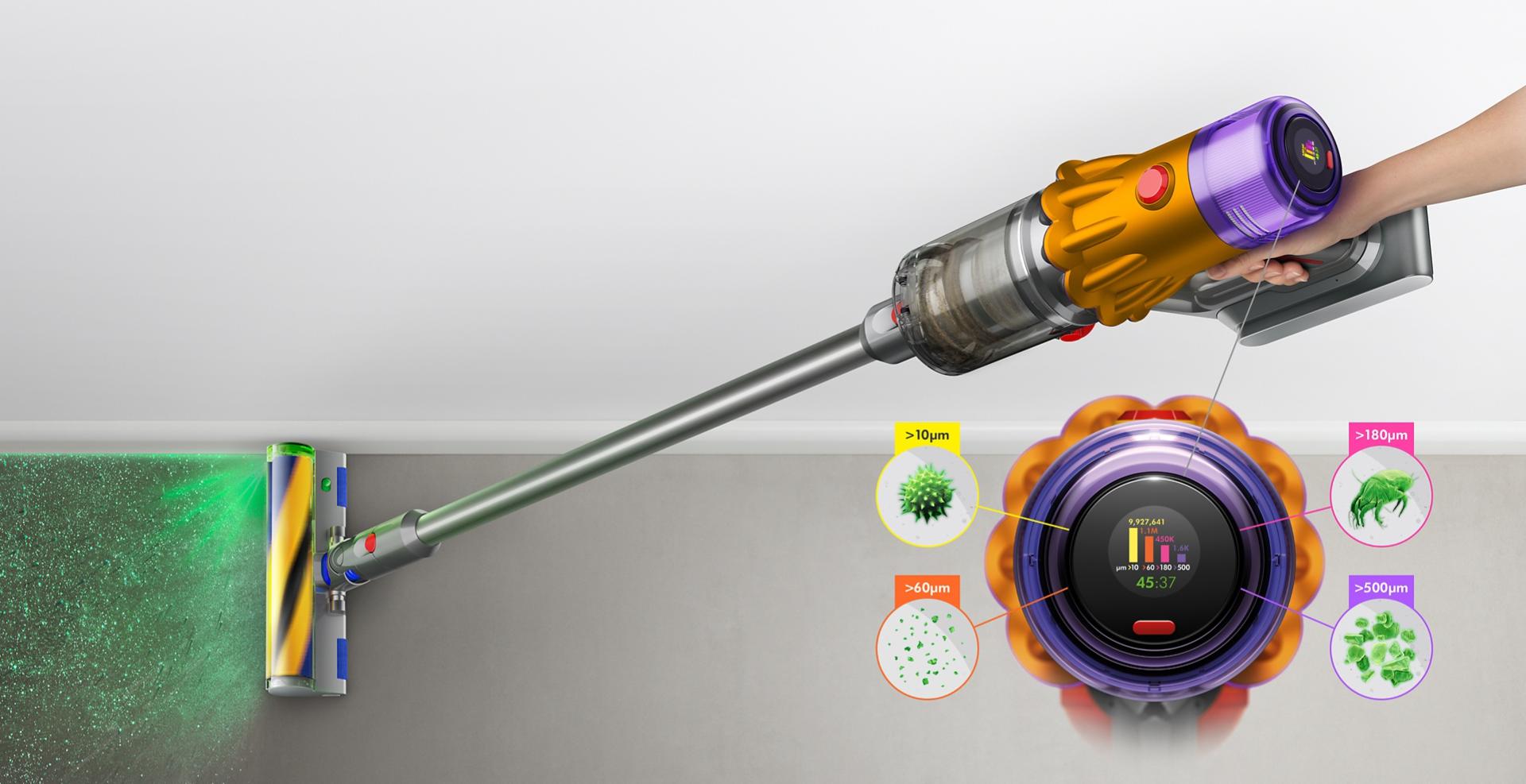 Dyson V12 Detect Slim vacuum with Slim Fluffy Laser cleaner head, showing sizes of dust detected for floors in your room/home