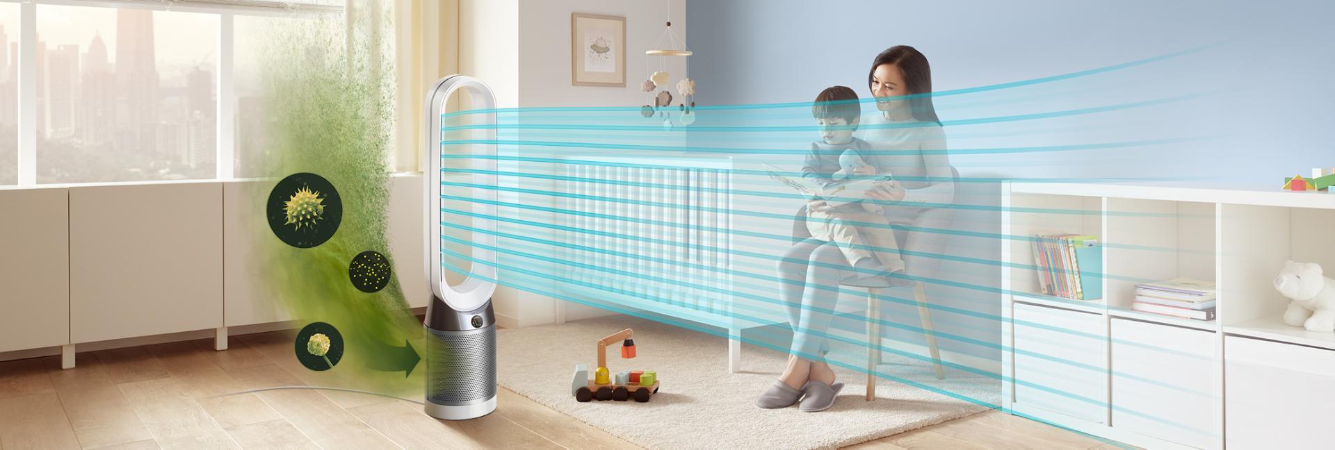 Dyson Pure Cool™ Advanced Technology Tower air flow in a room.