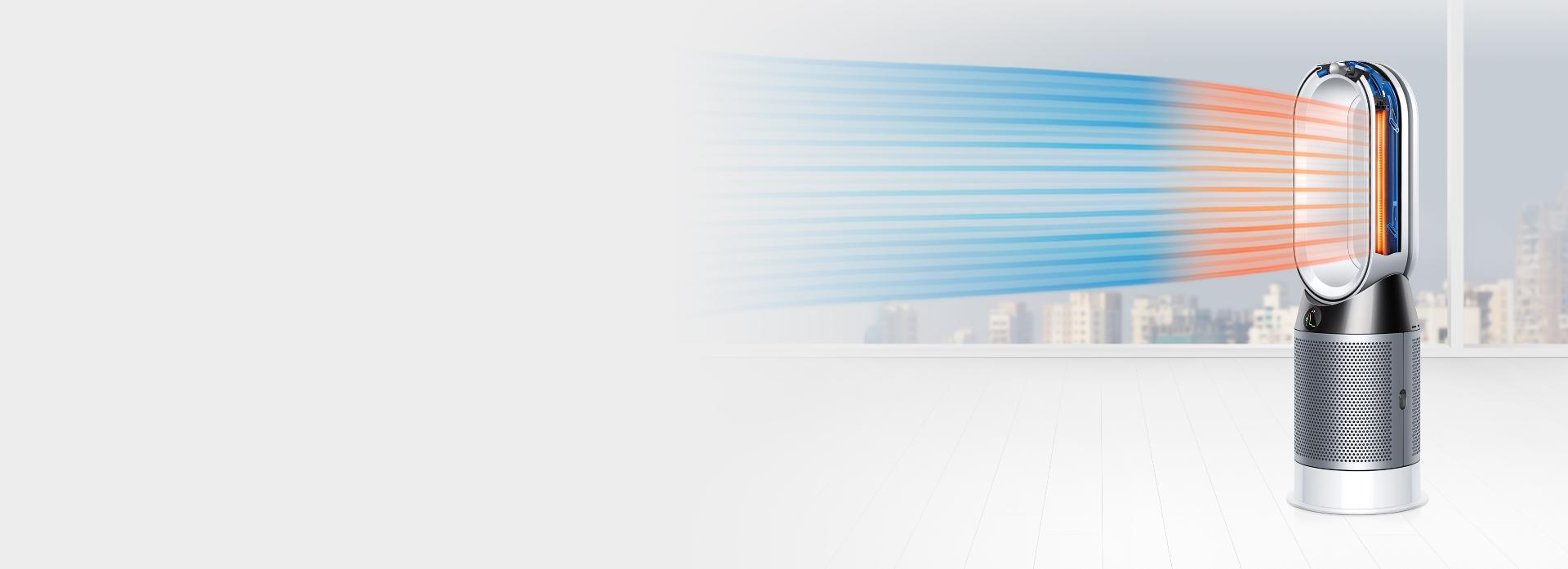 Dyson Pure Hot + Cool Air Purifier and Heater with purified, warm air flow in a room.