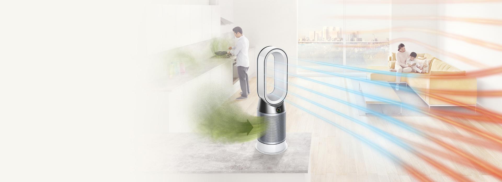 View of room where male is cooking and mother reading with kid