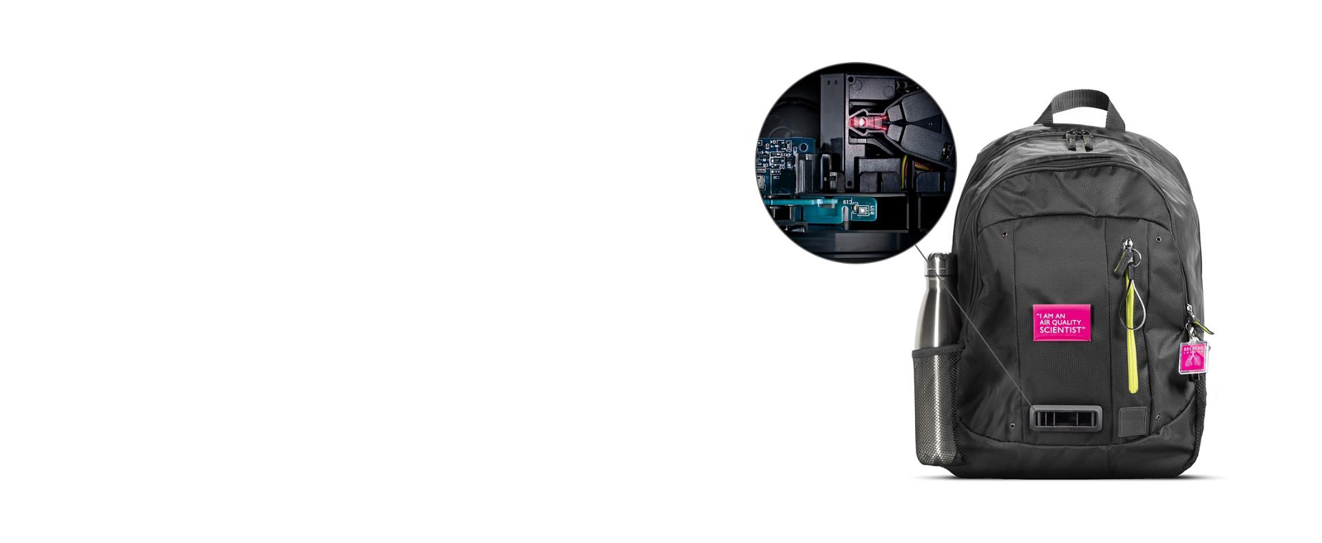 The backpack with an image showing the technology inside it