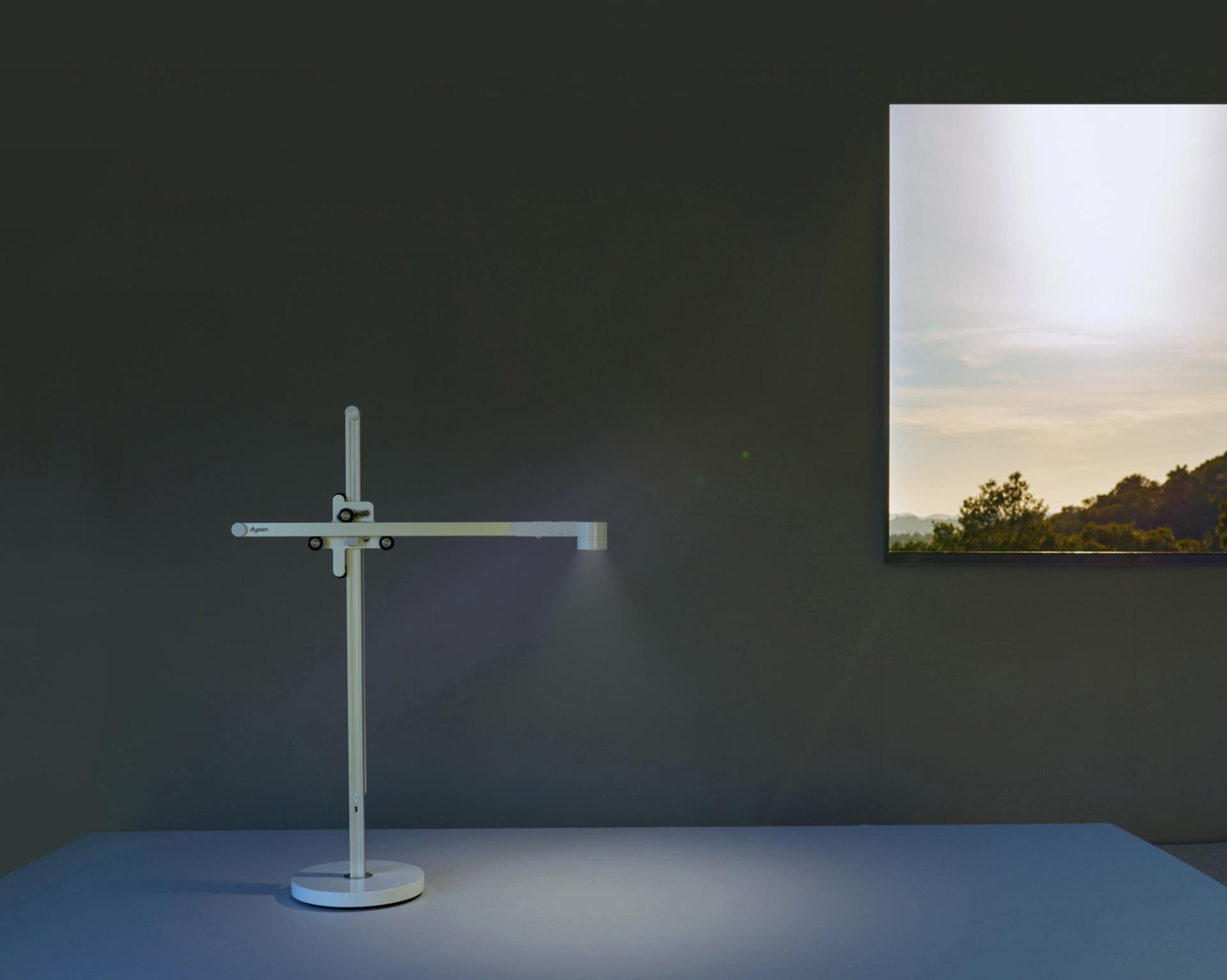 The Dyson Lightcycle™ task light adjusting with daylight outside a window