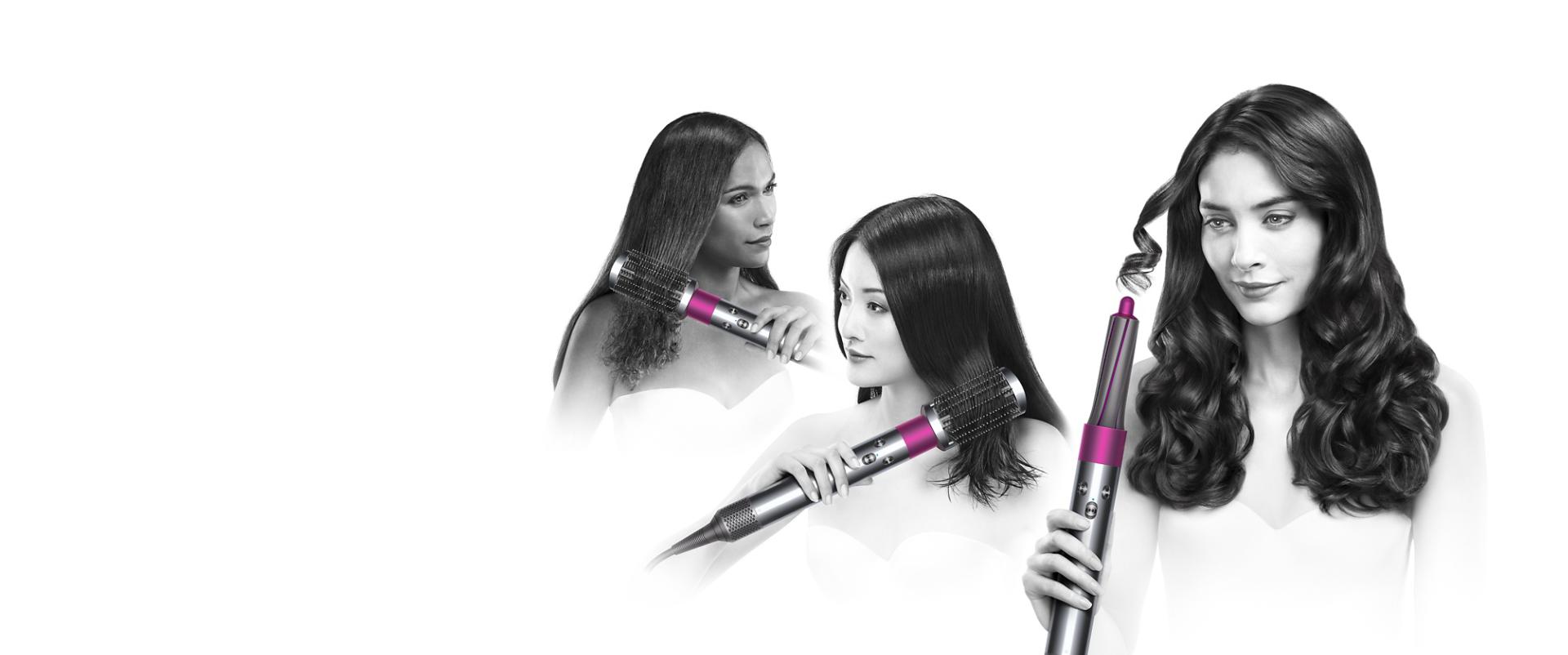 Three models using different Dyson Airwrap™ hair styler attachments