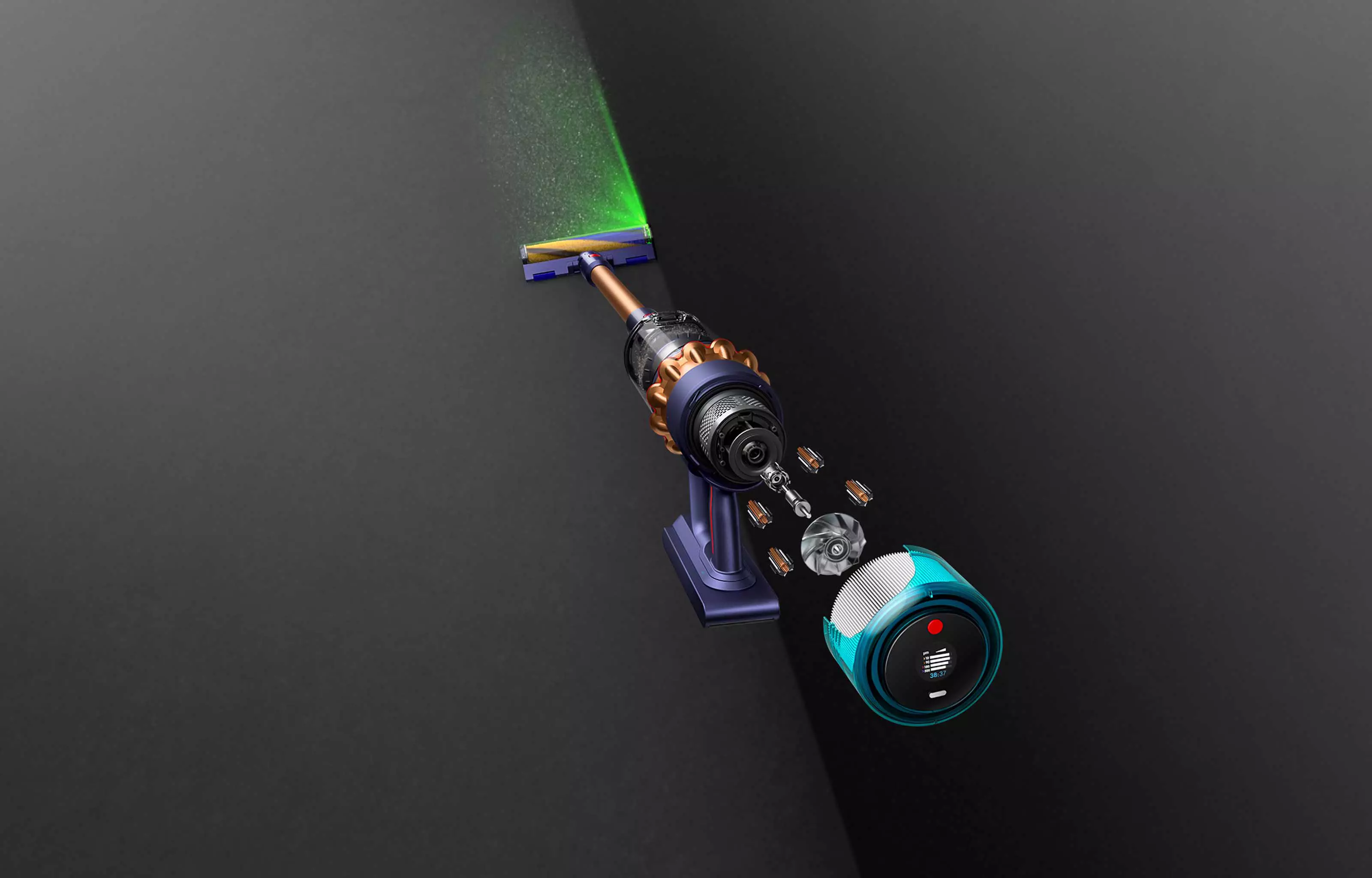 Dyson Gen5detect, highlighting the Digital Motor and the illuminated cleaner head.