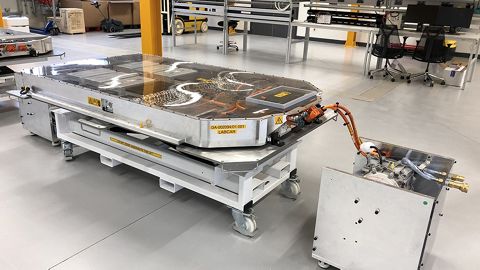 The battery tray for the car on a trolley