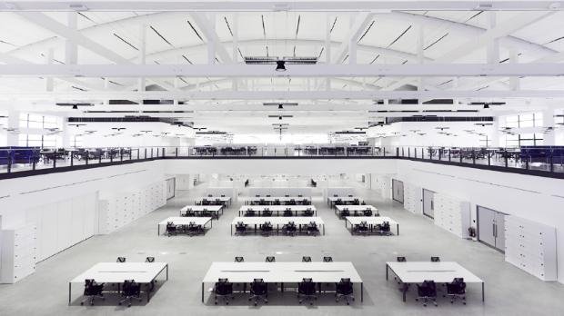 Long interior view of the Dyson office space, Hangar 86