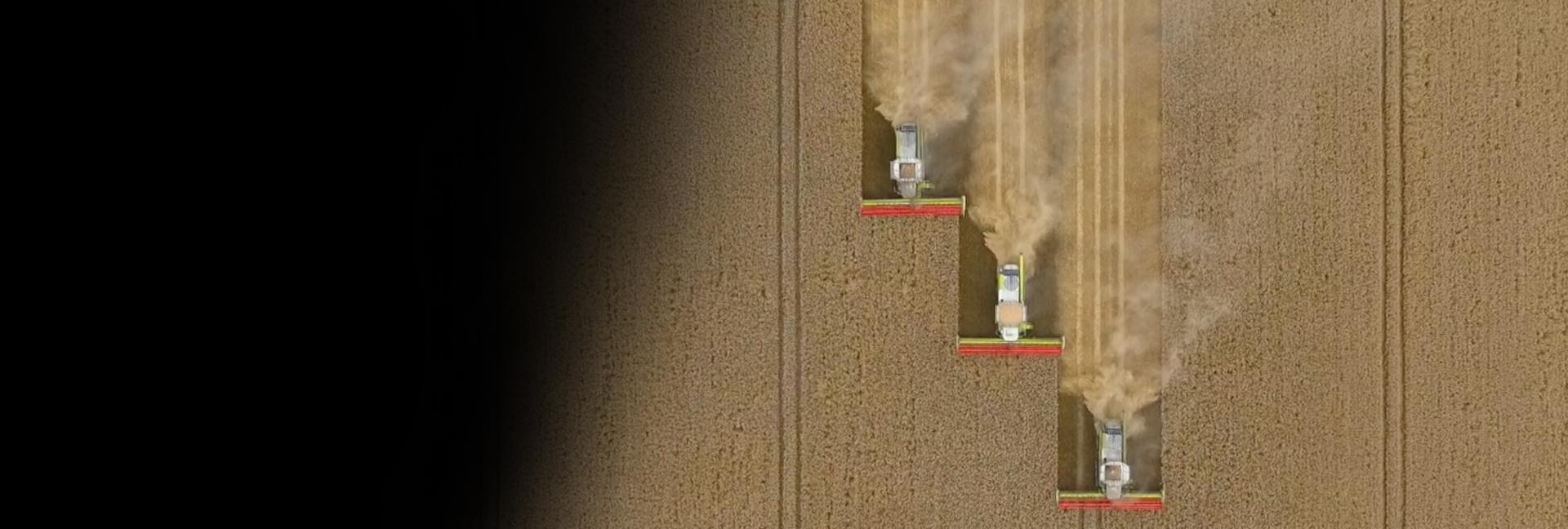 Aerial shot of harvesting the Dyson Farming fields