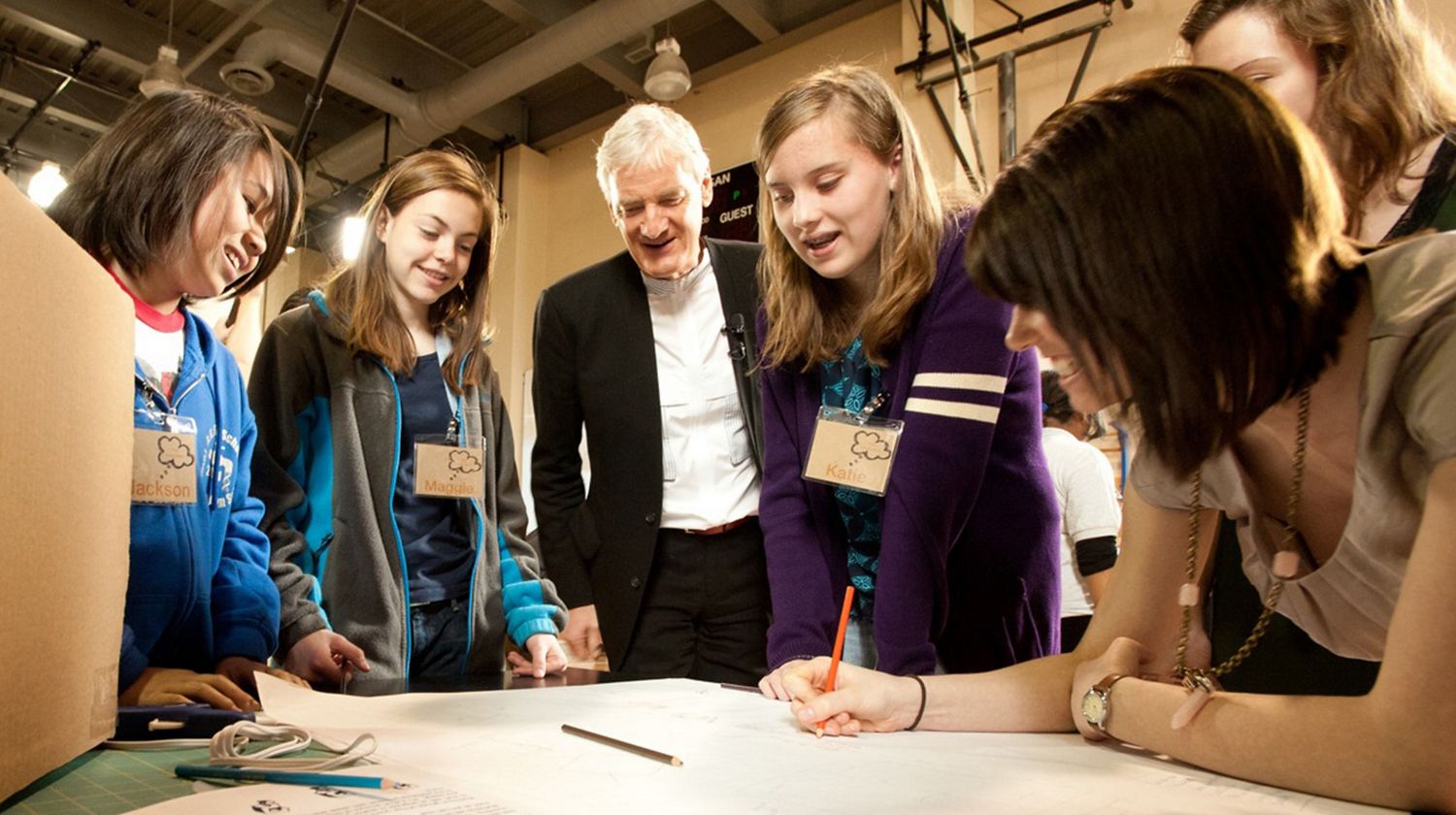 James talking with a group of young engineers from the James Dyson Foundation.