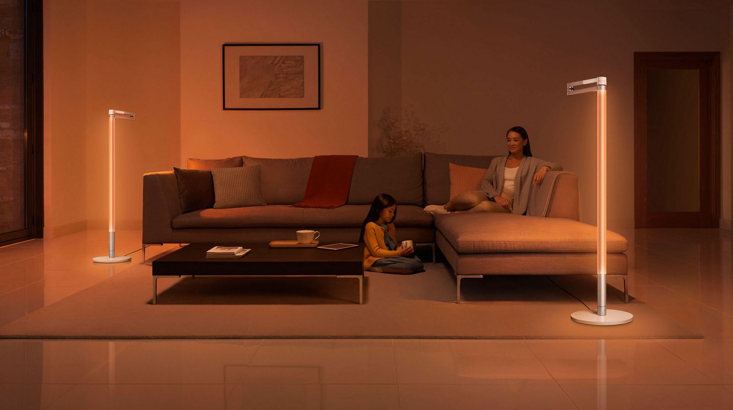 Dyson lighting in a living room with a mother and child relaxing.