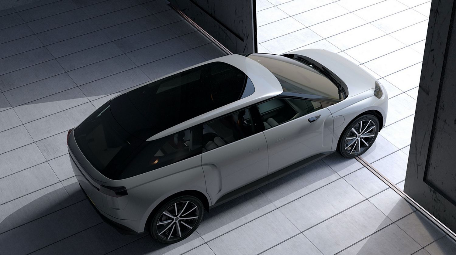 Top view of the Dyson Battery-Electric Vehicle as it pulls out of a hangar.