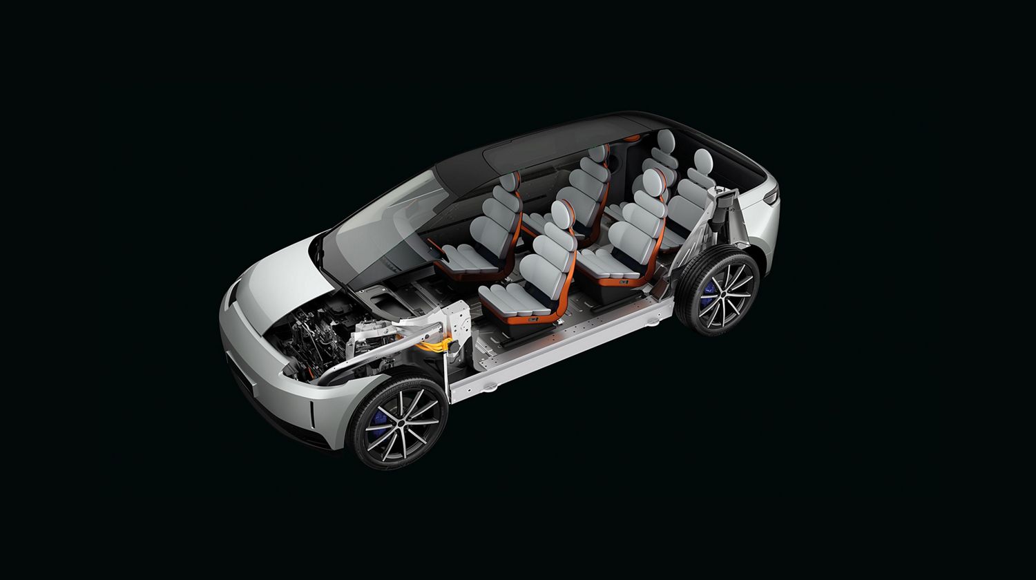 Side view and cutaway showing the inside of the Dyson Battery-Electric Vehicle.