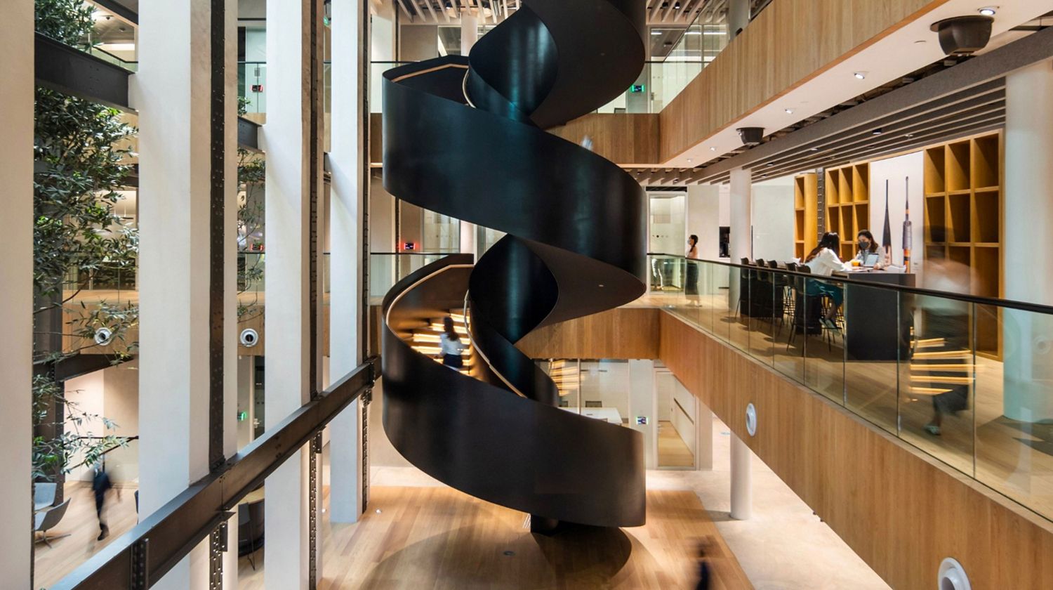 Side view of the circular stairwell inside St James' Power Station.