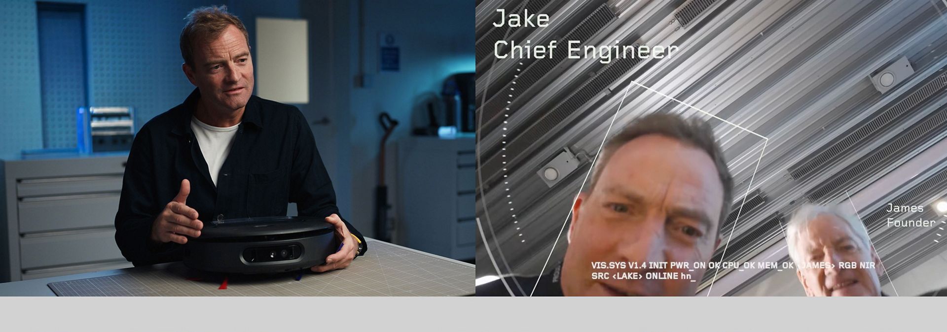 An ai camera upwards perspective of a close-up of Jake Dyson with text and diagnostics on screen.