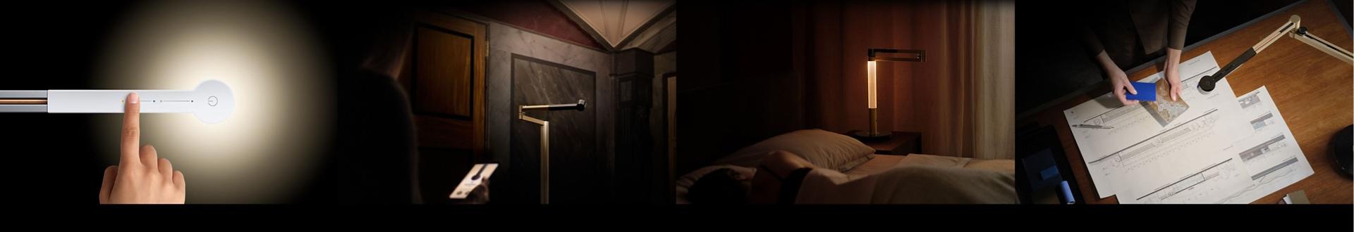 A hand using the touch controls of Jake Dyson lighting products.