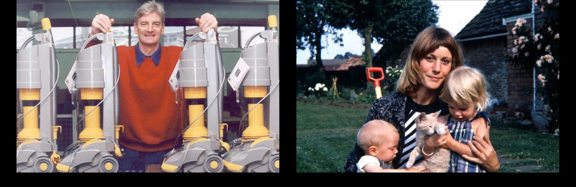 A young James Dyson standing proudly amongst an assembly line of his early vacuum cleaners.