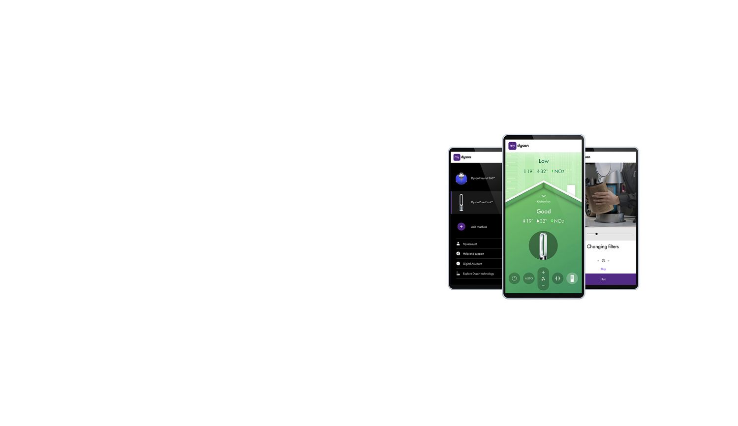 Three phone screens showing the MyDyson app.