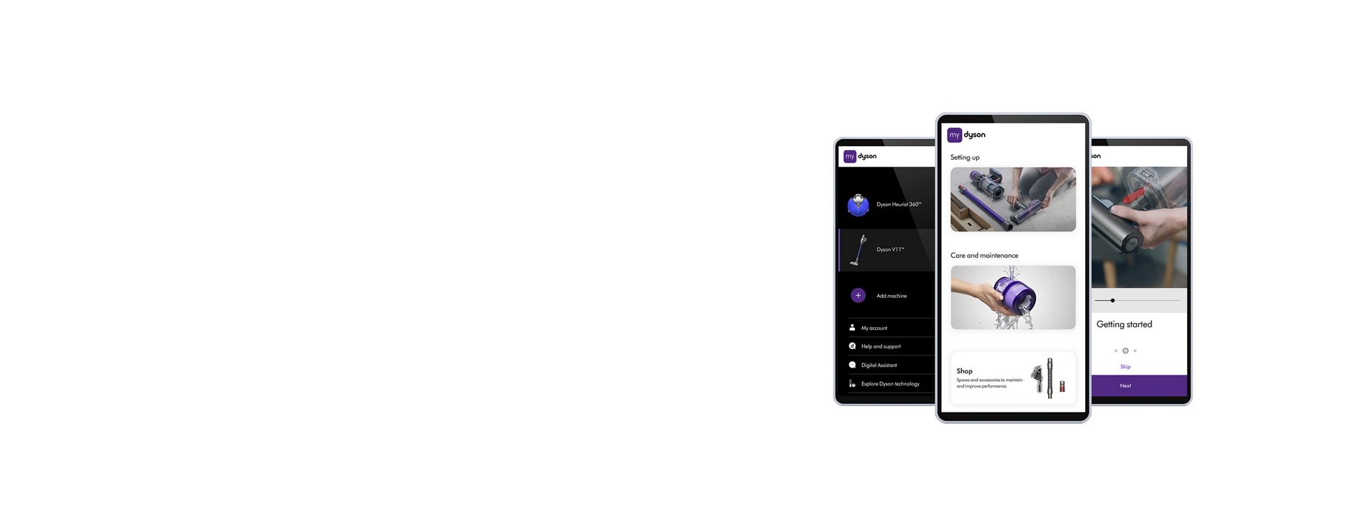 Three phone screens showing the MyDyson app.